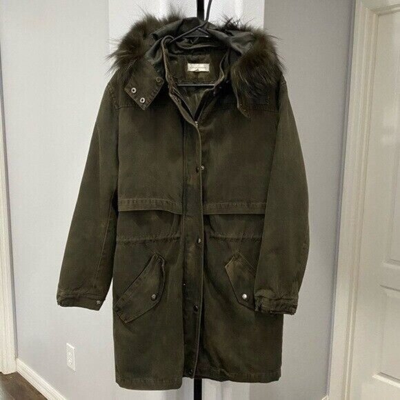 REBECCA MINKOFF Fox Fur Green Brown Grunge Parka Coat Jacket Winter Size Medium - Picture 1 of 8